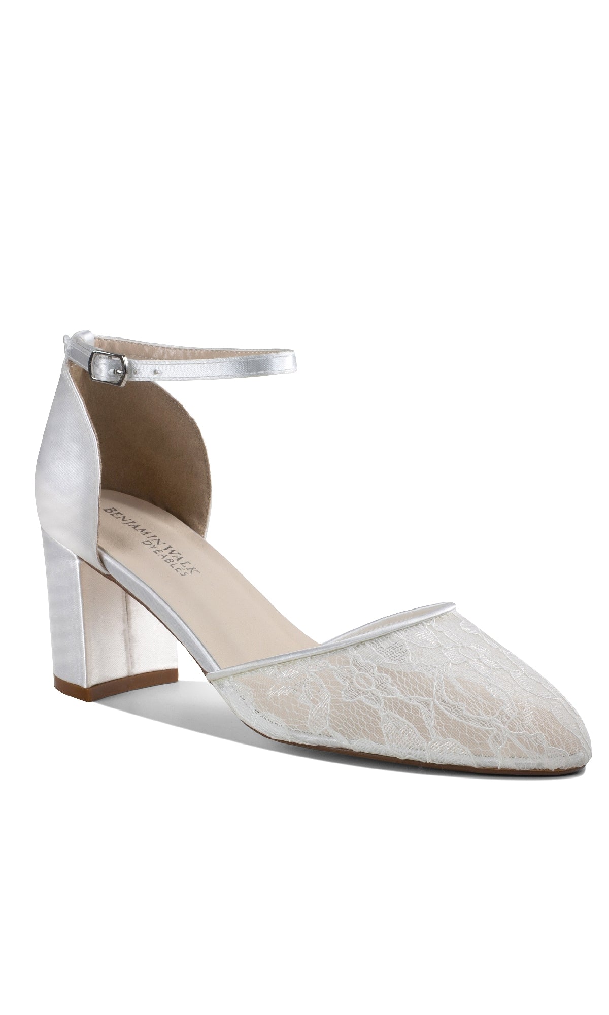 Hazel White Lace Prom Dress Shoes: Dyeables 4612 feature a closed toe, silver ankle strap with buckle, and comfy block heel, shown against a white background.